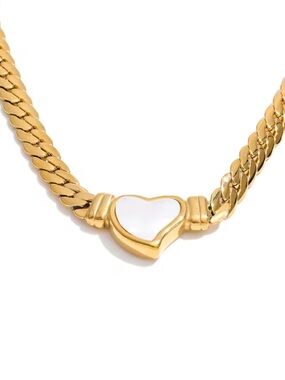 Gold Heart Pendant Chain Necklace with White Shell Inlay